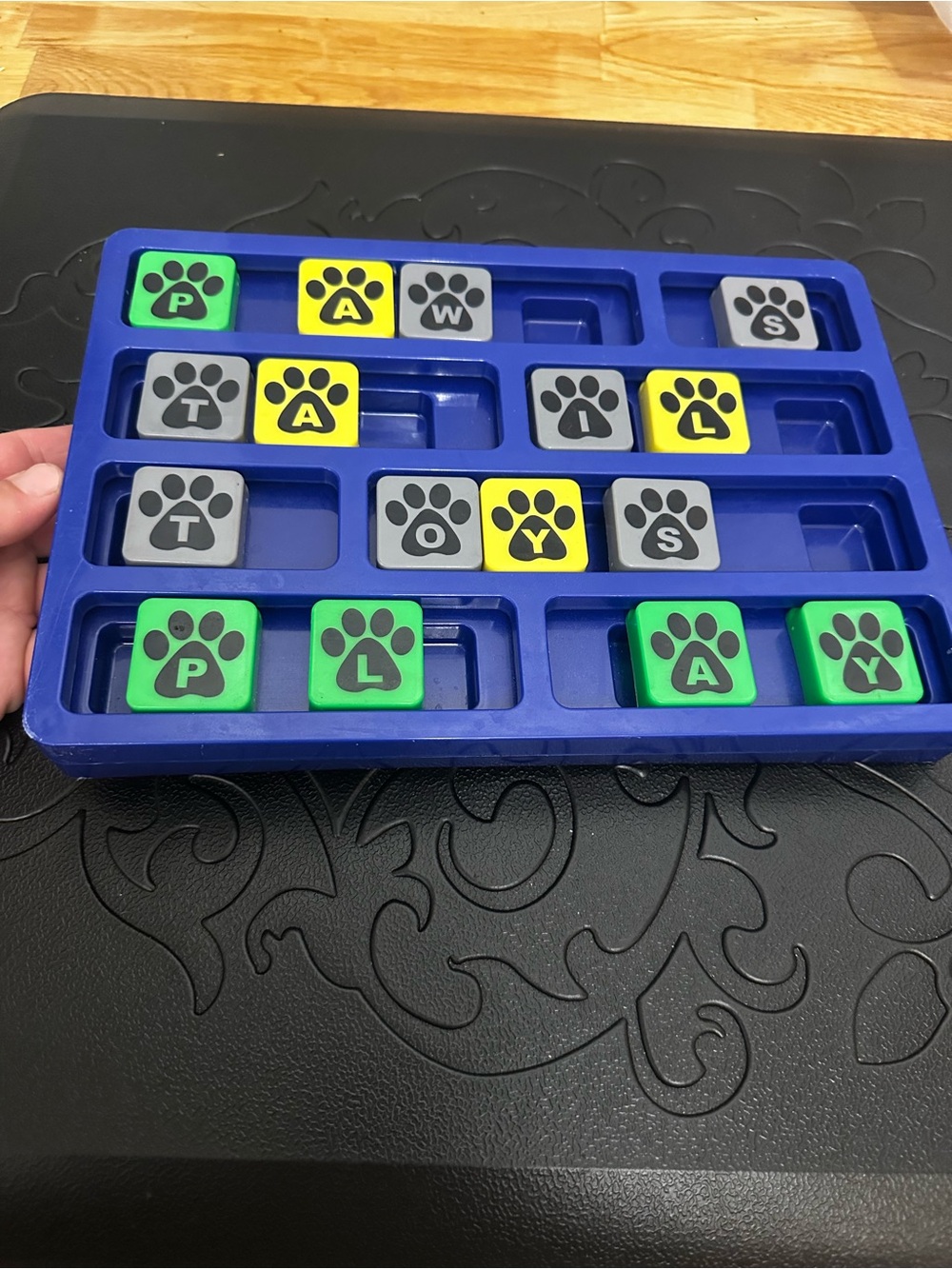 Blue Children's Puzzle Tray or dog puzzle with Colorful Paw Letter Tiles